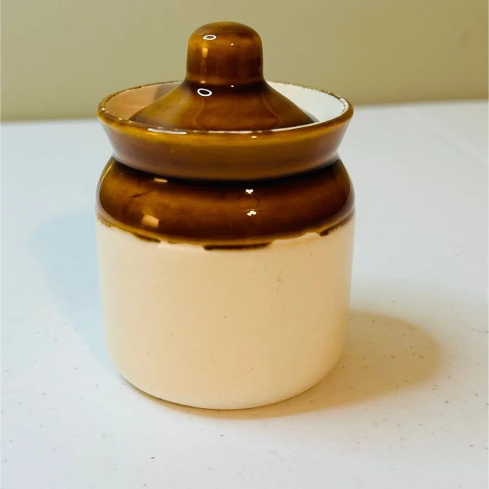 Small Brown and Off-white Ceramic Stoneware Jar With Lid Vintage look Farmhouse